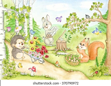Hedgehog, bunny, and squirrel in the woods