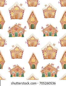 Watercolor Christmas pattern . Gingerbread house, sweets and caramel. retro wallpaper