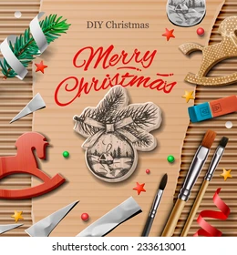 Homemade wrapped christmas presents with art and craft elements, vector illustration.