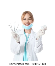 Female dentist on white background