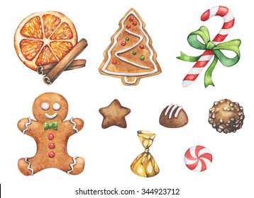 Watercolor Christmas set of gingerbread man, christmas tree, dry orange, cinnamon, candies, cookies, chocolates, candy cane. Hand drawn. 